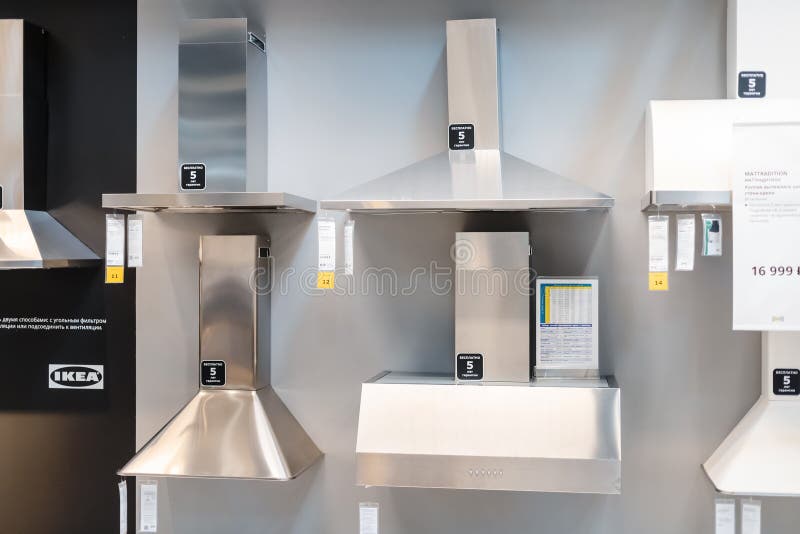 14 June 2021, Ufa, Russia: The range of kitchen hoods on the counter of the IKEA store