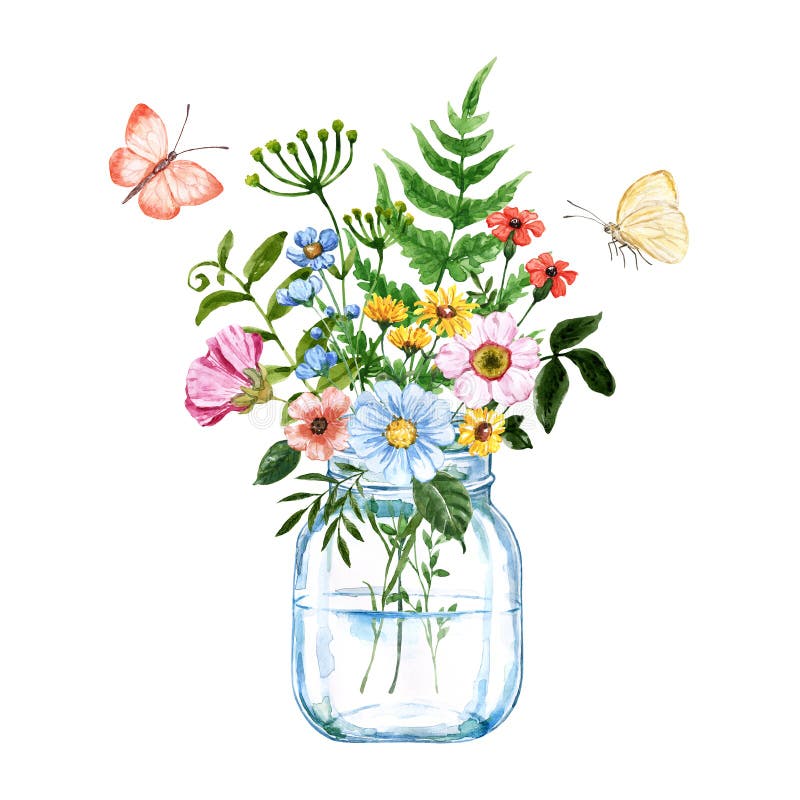 Jungblommor bouquet i en munkburk, handmålad botanisk illustration vektor illustrationer