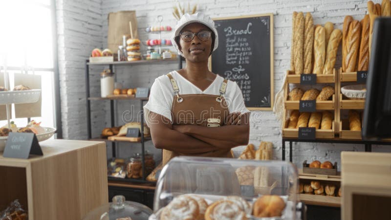 Junge afrikanische Amerikanerin, die in einer lebhaften Bäckerei steht und eine Vielzahl von Brotsorten und Gebäck mit Waffen sieh lizenzfreie stockfotografie
