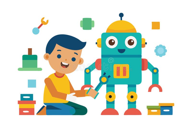 Junge baut einen farbigen Roboter mit Blöcken und Werkzeugen. Ein fröhlicher Junge, der einen hellen Roboter mit farbenfrohen Blöcken und Werkzeugen zusammenbaut, die Kreativität und das Lernen von Vektorbildern wecken