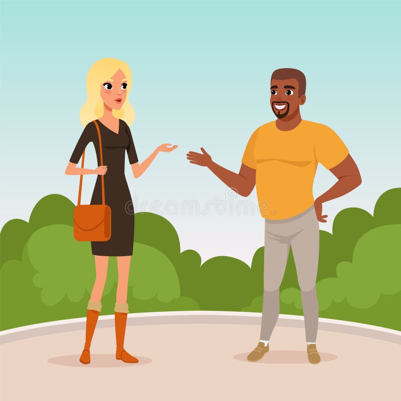 Junge blonde Frau und bärtiger afroer-amerikanisch Mann, die im Park steht und Gespräch hat Karikaturleuteunterhaltung stock abbildung Junge blonde Frau und bärtiger afroer-amerikanisch Mann, die im Park steht und Gespräch hat Karikaturleuteunterhaltung stock abbildung