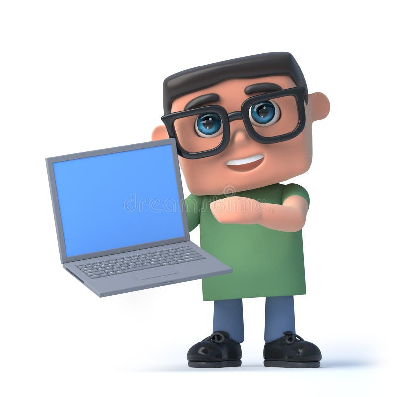 Junge 3d in den Gläsern, die einen Laptop-PC halten lizenzfreie abbildung Junge 3d in den Gläsern, die einen Laptop-PC halten lizenzfreie abbildung