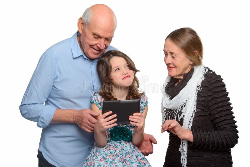 A family portrait in horizontal orientation with white background. Young lady choose a gift for her birthday. Grandparents giving her an advice on how to make right choice. A family portrait in horizontal orientation with white background. Young lady choose a gift for her birthday. Grandparents giving her an advice on how to make right choice.