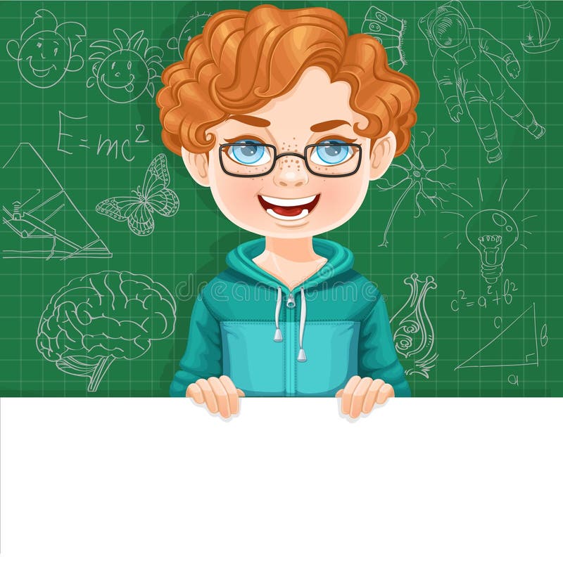 Junge in den Gläsern hält große weiße horizontale Banner auf einem grünen Hintergrund vektor abbildung