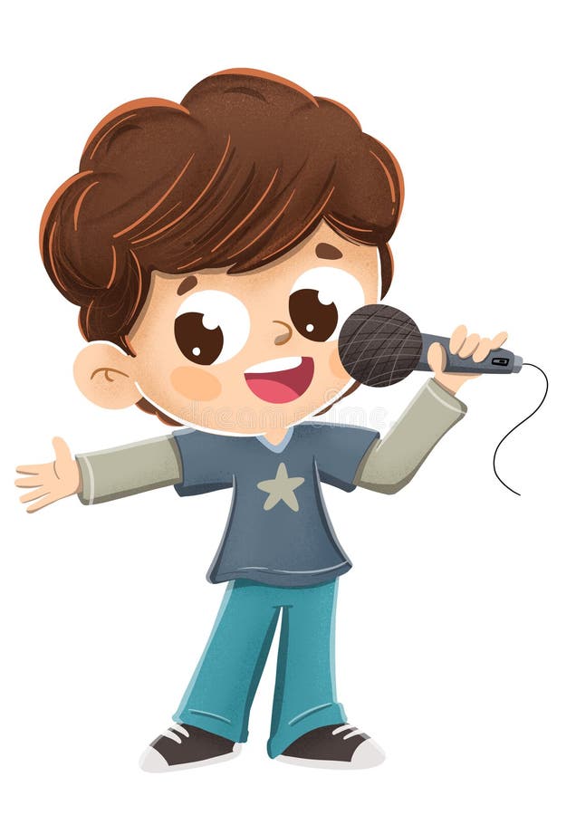 Junge, der mit einem Mikrofon singt oder ein Darstellen tut stock abbildung Junge, der mit einem Mikrofon singt oder ein Darstellen tut stock abbildung