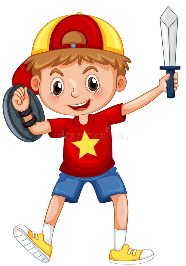 Junge, der Ritter mit Klinge und Schild spielt vektor abbildung Junge, der Ritter mit Klinge und Schild spielt vektor abbildung