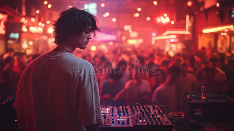 Junge DJ-Mixing-Beats auf der Bühne. Ein junger DJ, der hinter einem Turntable steht und in einer Diskothek voller roter Beleuchtung und tanzender Menschenmenge live spielt. ai generiert