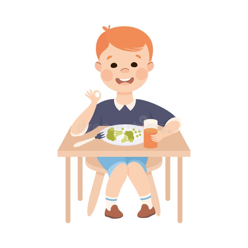 Obedient Boy with Good Breeding at Kitchen Table Eating Healthy Breakfast Vector Illustration. Little Kid Having Good Behavior and Habits Concept. Obedient Boy with Good Breeding at Kitchen Table Eating Healthy Breakfast Vector Illustration. Little Kid Having Good Behavior and Habits Concept