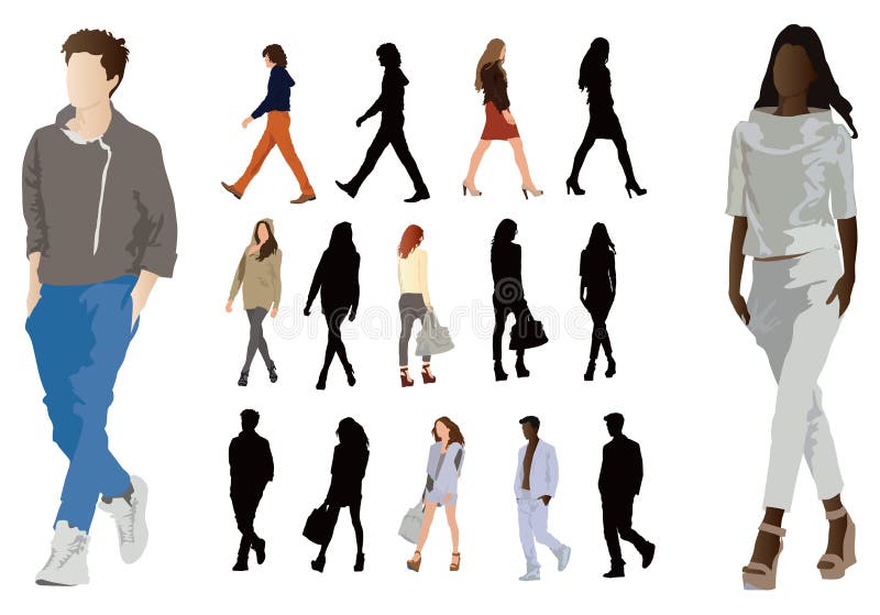 Group of elegant dressed in fashion clothes young people. Long legs and perfect body proportions. Vector color illustration on white. Group of elegant dressed in fashion clothes young people. Long legs and perfect body proportions. Vector color illustration on white.