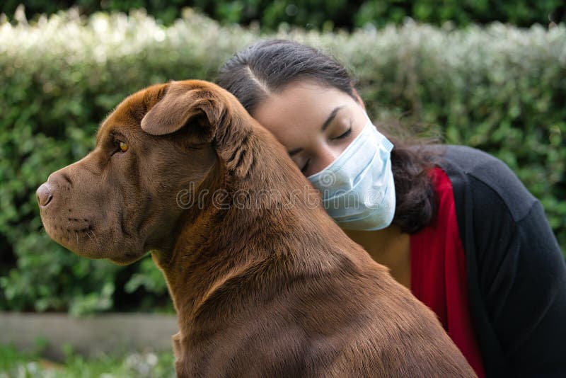 Junge Frau, die einen Hai-Pi-Hund mit einer Gesichtsmaske auf dem Garten umarmt Covid-19 und Quarantäne stockfotografie Junge Frau, die einen Hai-Pi-Hund mit einer Gesichtsmaske auf dem Garten umarmt Covid-19 und Quarantäne stockfotografie