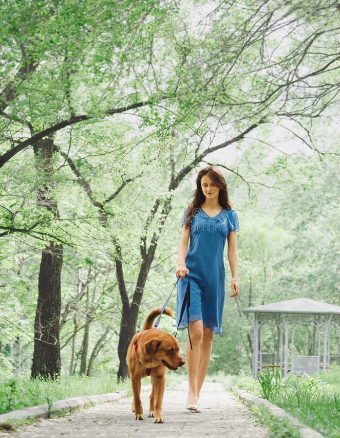 Junge Frau, die mit einem Hund geht stockfoto Junge Frau, die mit einem Hund geht stockfoto