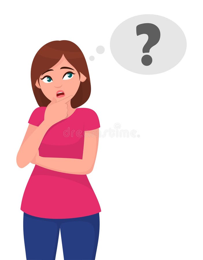 Junge Frau, die oben zum fraglichen Kennzeichen der Gedankenblase denkt und schaut? Symbol lizenzfreie abbildung