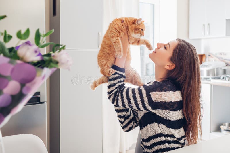 Junge Frau, die zu Hause mit Katze in der Küche spielt Mädchenholding und rote anhebende Katze lizenzfreie stockfotografie Junge Frau, die zu Hause mit Katze in der Küche spielt Mädchenholding und rote anhebende Katze lizenzfreie stockfotografie