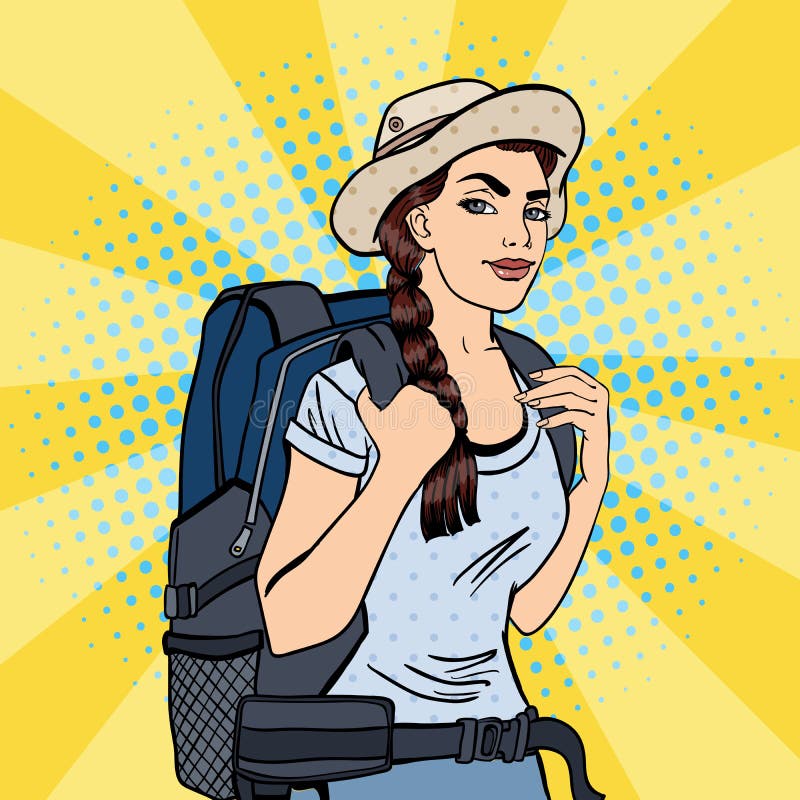 Young Woman with Backpack. Female Tourist Backpacker. Pop Art. Vector illustration. Young Woman with Backpack. Female Tourist Backpacker. Pop Art. Vector illustration