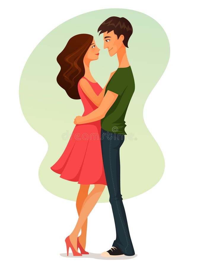Cute cartoon illustration of young woman and man in love, hugging. Cute cartoon illustration of young woman and man in love, hugging