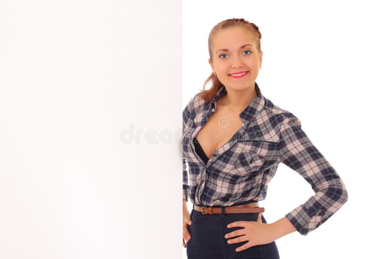 Junge Geschäftsfrau, die unbelegtes Schild zeigt lizenzfreies stockbild Junge Geschäftsfrau, die unbelegtes Schild zeigt lizenzfreies stockbild