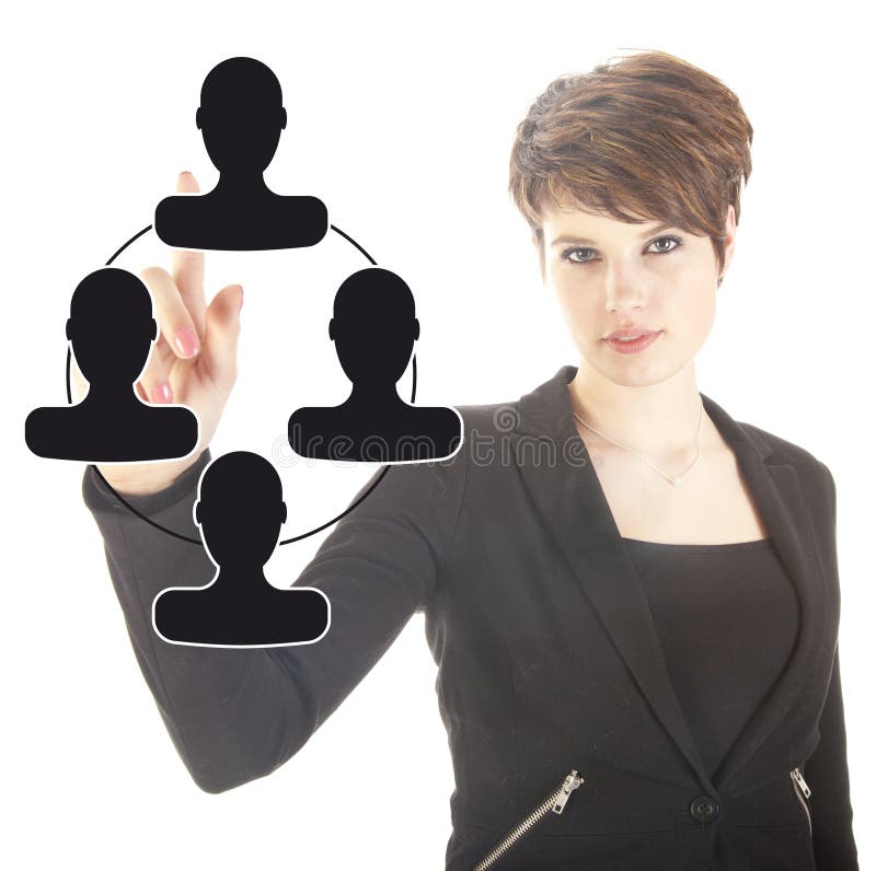 Junge Geschäftsfrau mit den schwarzen virtuellen Freunden lokalisiert stockbilder Junge Geschäftsfrau mit den schwarzen virtuellen Freunden lokalisiert stockbilder