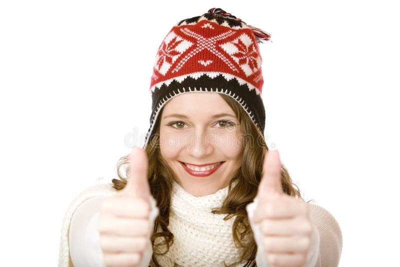 Junge glückliche lächelnde Frau mit Schutzkappe zeigt sich Daumen stockfoto Junge glückliche lächelnde Frau mit Schutzkappe zeigt sich Daumen stockfoto