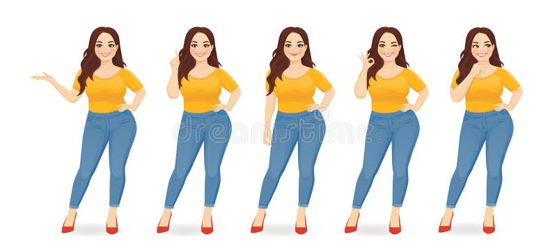 Young happy beautiful plus size woman wearing jeans in different poses isolated vector illustration. Young happy beautiful plus size woman wearing jeans in different poses isolated vector illustration