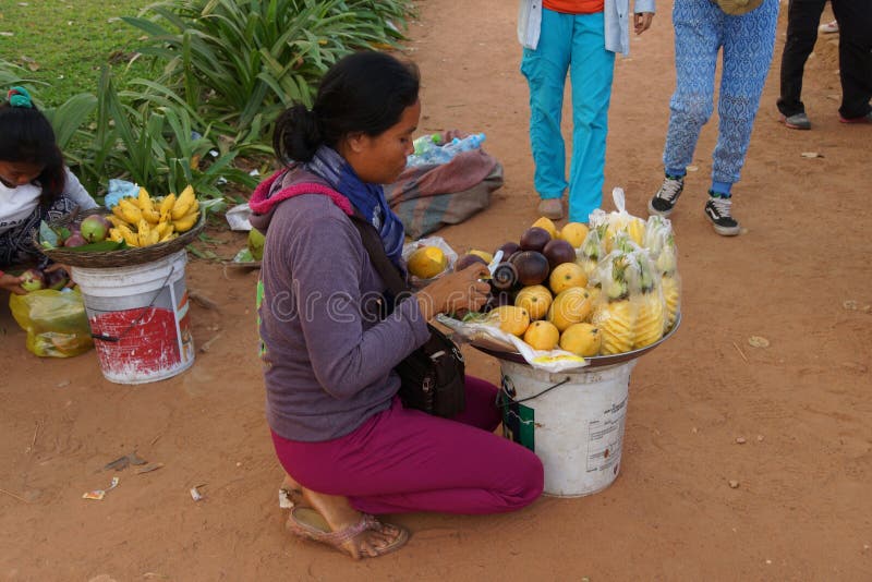 Junge kambodschanische Frau verkauft Frucht stockfotografie Junge kambodschanische Frau verkauft Frucht stockfotografie