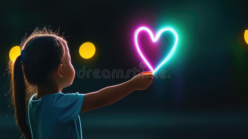 Junge kaukasische Mädchen, die neonisches Herzlicht in der nächtlichen Szene hält lizenzfreie stockbilder