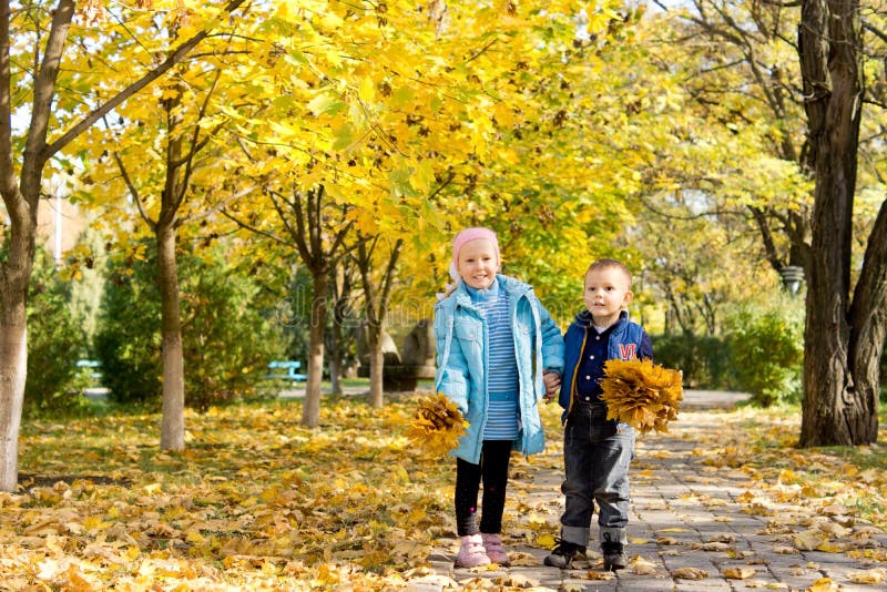 Junge Kinder, die Herbstblätter montieren stockbilder Junge Kinder, die Herbstblätter montieren stockbilder