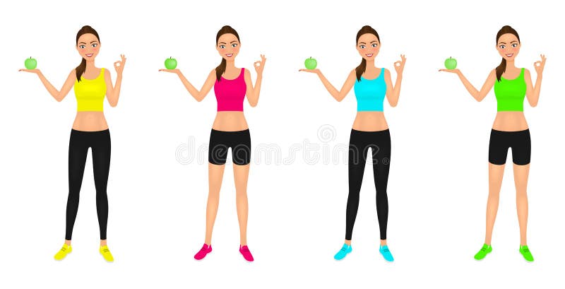 Young smiling woman in sportswear with apple showing ok sign. Healthy lifestyle promoting. Vector characters set. Young smiling woman in sportswear with apple showing ok sign. Healthy lifestyle promoting. Vector characters set