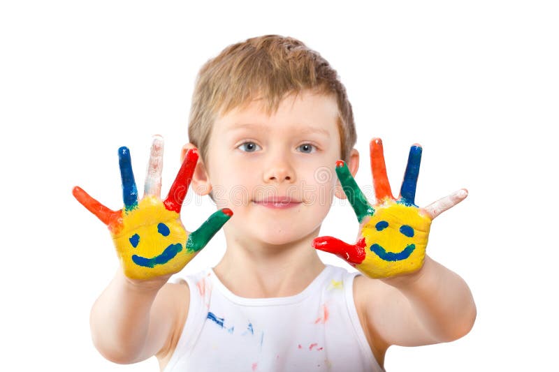 Junge mit den Händen in der Farbe auf Weiß stockfoto Junge mit den Händen in der Farbe auf Weiß stockfoto
