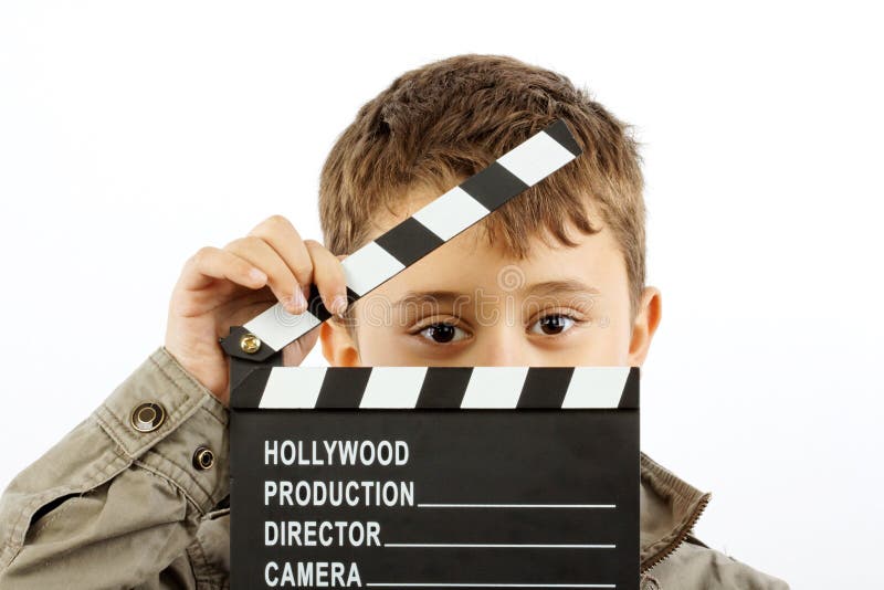 Junge mit Filmscharnierventilvorstand stockfotografie Junge mit Filmscharnierventilvorstand stockfotografie
