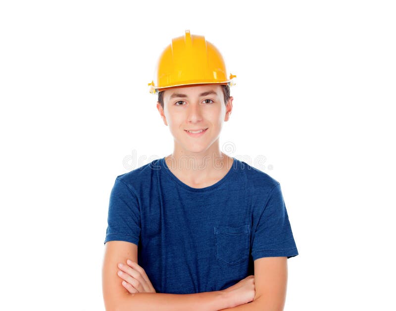 Junge mit gelbem Sturzhelm Ein zukünftiger Architekt lizenzfreies stockbild Junge mit gelbem Sturzhelm Ein zukünftiger Architekt lizenzfreies stockbild