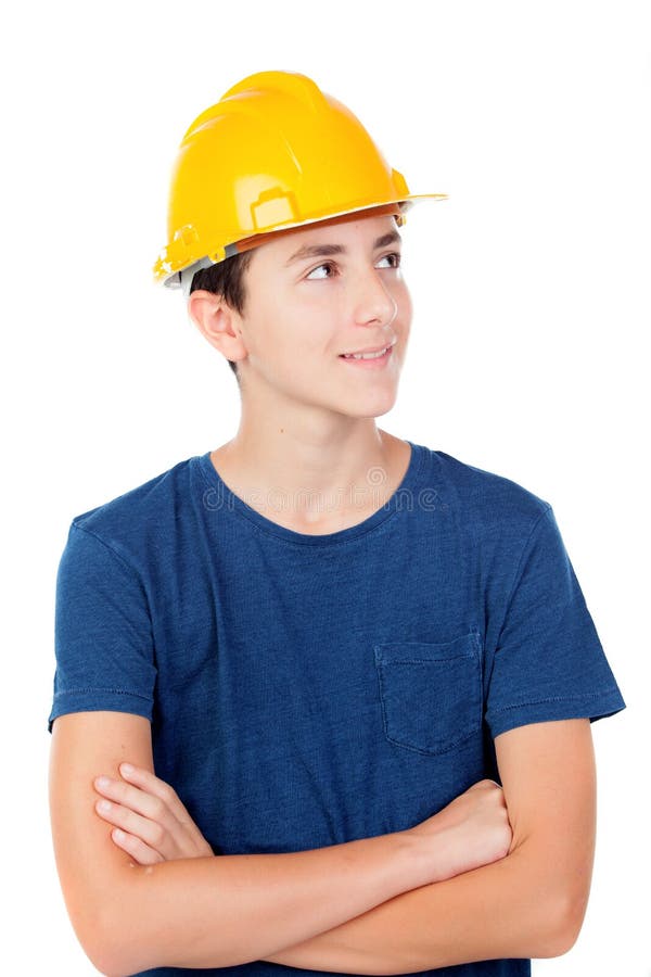 Junge mit gelbem Sturzhelm Ein zukünftiger Architekt stockbild Junge mit gelbem Sturzhelm Ein zukünftiger Architekt stockbild