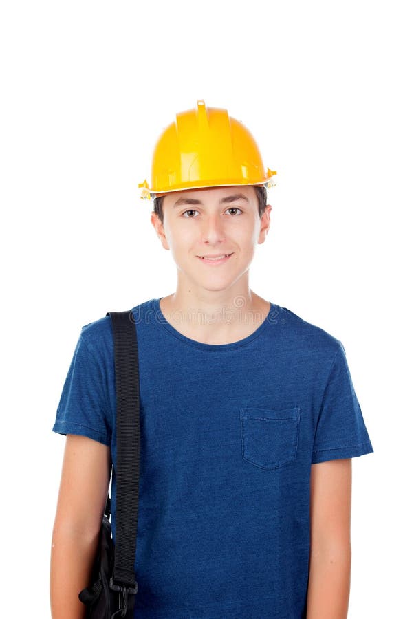 Junge mit gelbem Sturzhelm Ein zukünftiger Architekt lizenzfreies stockbild Junge mit gelbem Sturzhelm Ein zukünftiger Architekt lizenzfreies stockbild