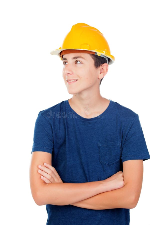Junge mit gelbem Sturzhelm Ein zukünftiger Architekt stockfotografie Junge mit gelbem Sturzhelm Ein zukünftiger Architekt stockfotografie