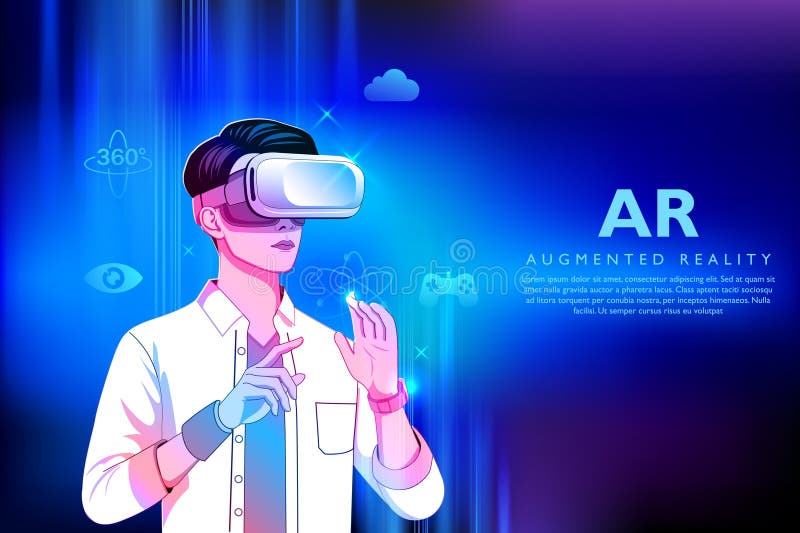 Junge Männer mit Headset unter Verwendung moderner erweiterter Virtual-Reality-Technologie lizenzfreie abbildung