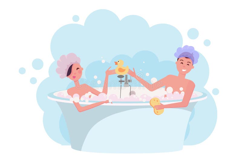 Junge Paare in den Duschkappen, die ein Bad nehmen M?dchen und Kerl haben Spa? im Schaumbad Elegante Badewanne mit gelber Gummien lizenzfreie abbildung Junge Paare in den Duschkappen, die ein Bad nehmen M?dchen und Kerl haben Spa? im Schaumbad Elegante Badewanne mit gelber Gummien lizenzfreie abbildung