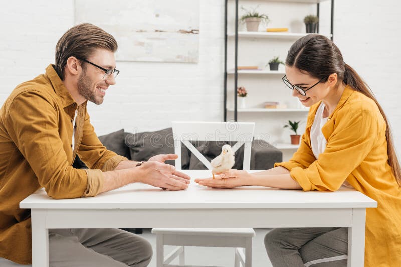 Junge Paare, die mit wenigem Küken sitzen lizenzfreies stockfoto
