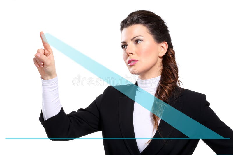 Junge schöne glückliche Geschäftsfrau, die digitale Diagramme zeigt stockfotografie Junge schöne glückliche Geschäftsfrau, die digitale Diagramme zeigt stockfotografie