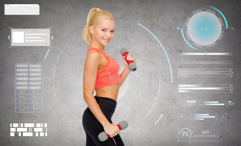 Junge sportliche Frau mit hellen Dummköpfen lizenzfreie stockfotos Junge sportliche Frau mit hellen Dummköpfen lizenzfreie stockfotos