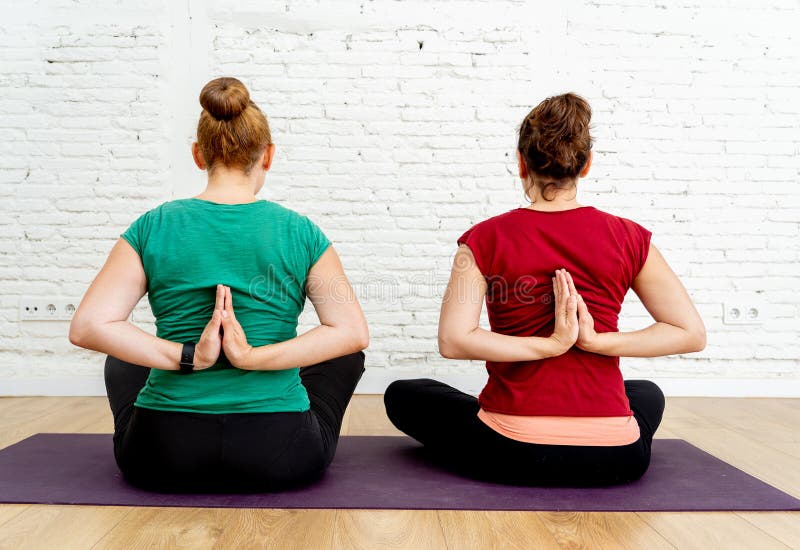 Junge sportliche Freundinnen, die das Yoga zusammen macht Namaste hinter der Rückseite im gesunden Leben üben lizenzfreie stockfotografie Junge sportliche Freundinnen, die das Yoga zusammen macht Namaste hinter der Rückseite im gesunden Leben üben lizenzfreie stockfotografie