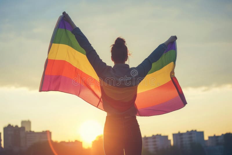 Junge stolze lesbische Frau, die große stolze homosexuelle Fahne verbreitet, mit ihrem Schatten hinter dem Tuch bei der Verteidigu lizenzfreies stockbild