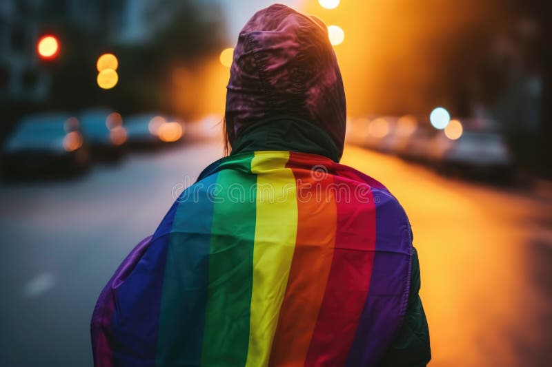 Junge stolze lesbische Frau, die große stolze homosexuelle Fahne verbreitet, mit ihrem Schatten hinter dem Tuch bei der Verteidigu lizenzfreie stockfotos