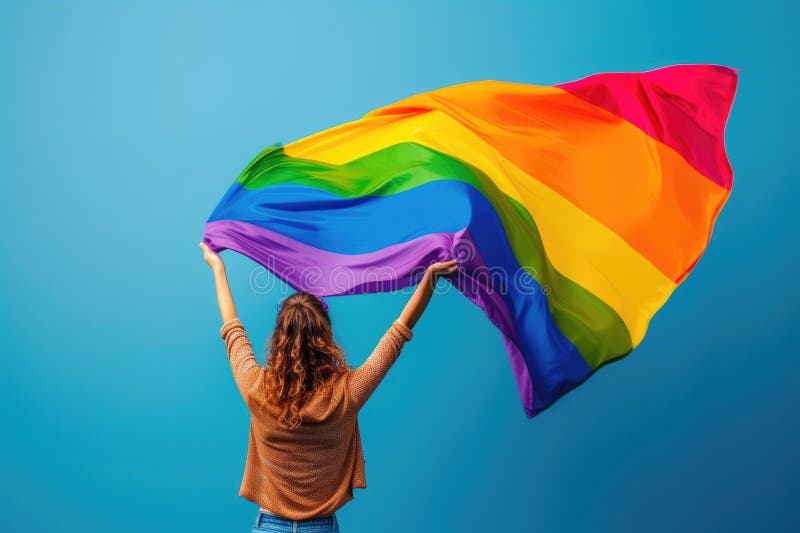 Junge stolze lesbische Frau, die große stolze homosexuelle Fahne verbreitet, mit ihrem Schatten hinter dem Tuch bei der Verteidigu stockbilder