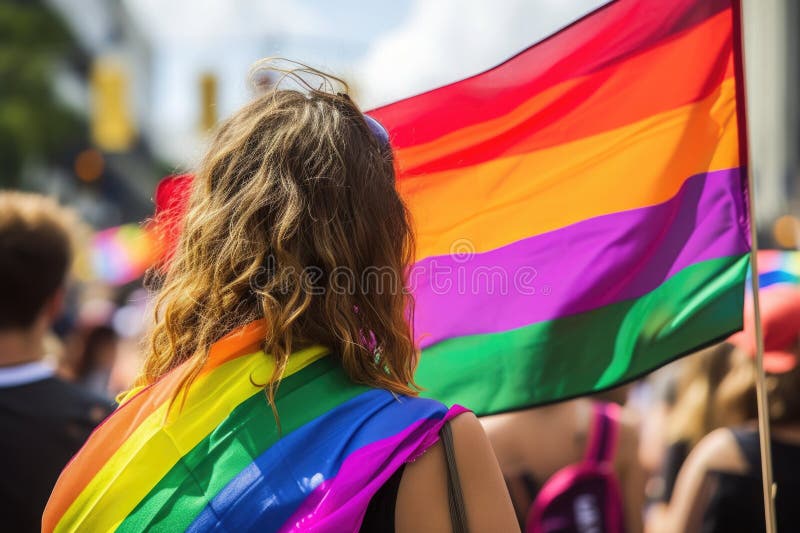 Junge stolze lesbische Frau, die große stolze homosexuelle Fahne verbreitet, mit ihrem Schatten hinter dem Tuch bei der Verteidigu lizenzfreies stockbild