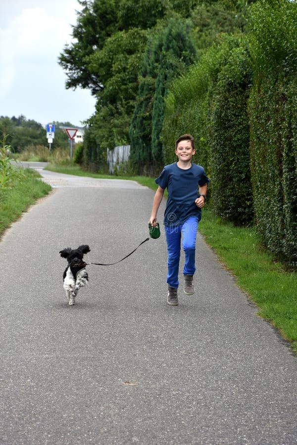 Junge und sein Hund stockbild. Bild von denim, glück 58126793