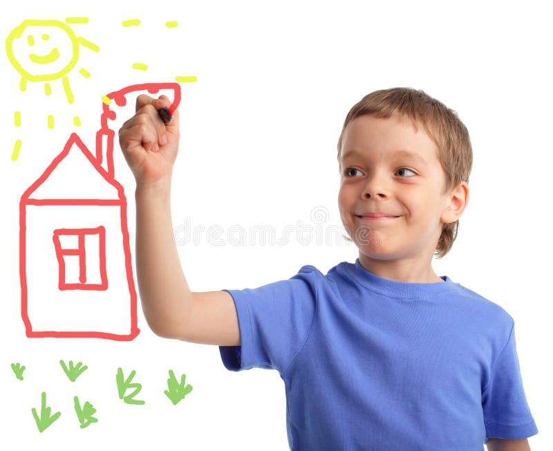 Junge zeichnet das Haus lizenzfreie stockfotografie Junge zeichnet das Haus lizenzfreie stockfotografie
