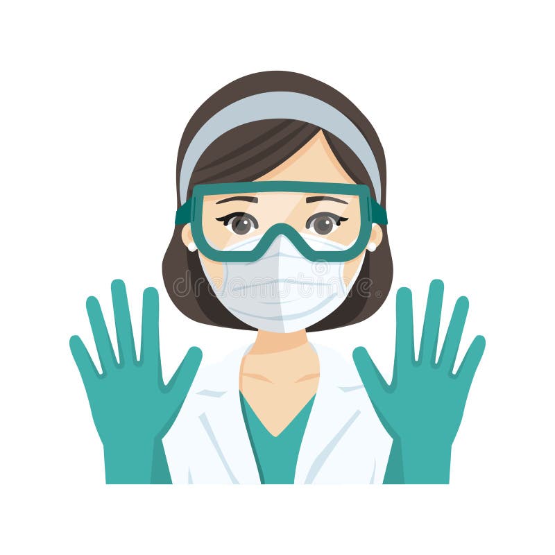 Junge Ärztin, welche die Maske, die Gläser und die Handschuhe des Atemschutzes n95, gegen infectives Krankheiten trägt Vektor
