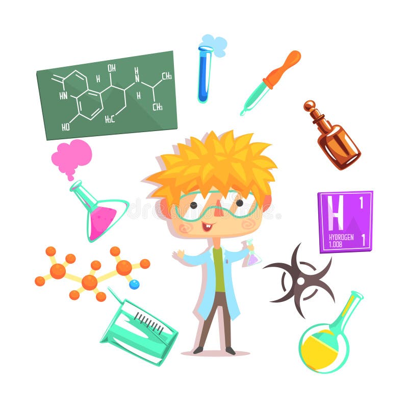 Jungen-Chemiker, Kinderzukünftige Traumberufsbesetzungs-Illustration mit in Verbindung stehendem mit Beruf-Gegenständen