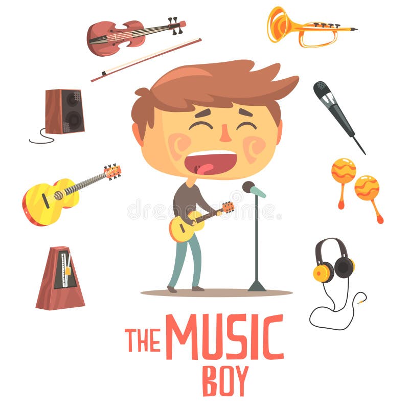 Jungen-Sänger And Musician, Kinderzukünftige Traumberufsbesetzungs-Illustration mit in Verbindung stehendem mit Beruf-Gegenstände lizenzfreie abbildung Jungen-Sänger And Musician, Kinderzukünftige Traumberufsbesetzungs-Illustration mit in Verbindung stehendem mit Beruf-Gegenstände lizenzfreie abbildung