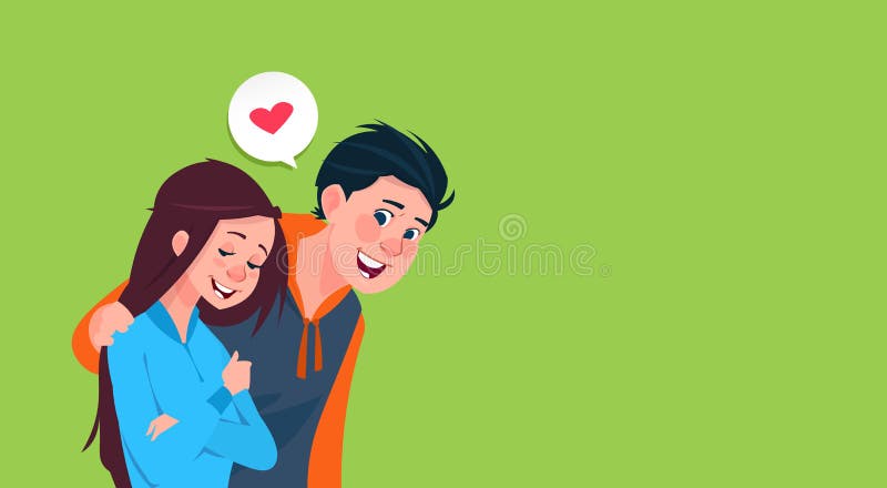 Jungen-Umarmungs-Mädchen-Herz-Form-Bild-netter Teenager in der Liebes-Fahne mit Kopien-Raum vektor abbildung Jungen-Umarmungs-Mädchen-Herz-Form-Bild-netter Teenager in der Liebes-Fahne mit Kopien-Raum vektor abbildung