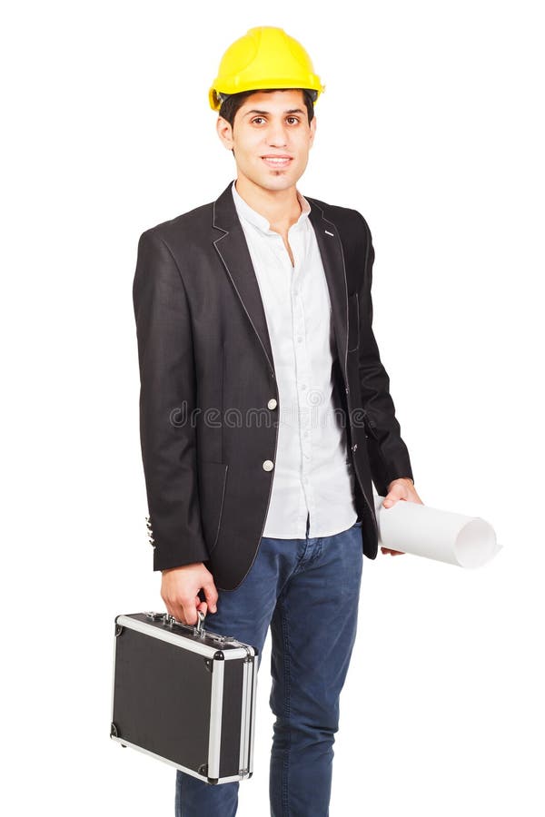 Young worker in a construction helmet with an architectural drawing and diplomat on the white background. Young worker in a construction helmet with an architectural drawing and diplomat on the white background